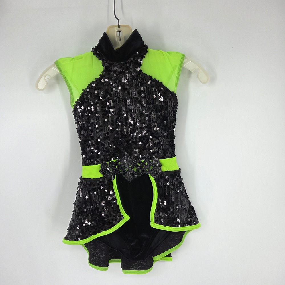 Weissman Black Neon Green Sequin Dance Costume Leotard Peplum MC Jazz Tap